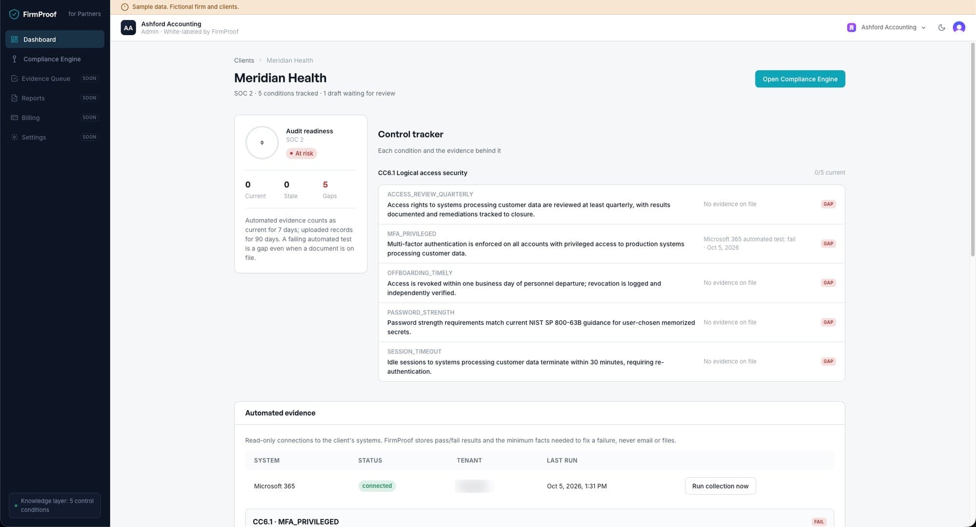 Client workspace for a fictional client showing an audit readiness summary and a control tracker with five CC6.1 conditions.