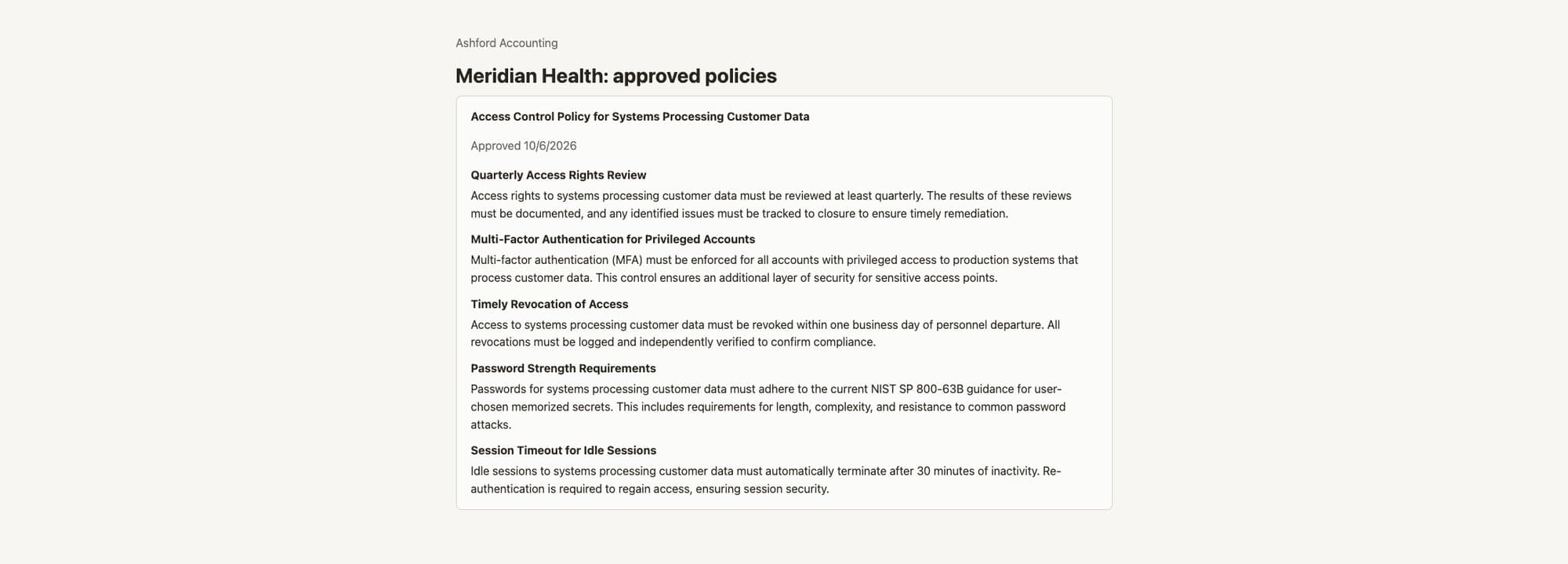 Client portal under the Ashford Accounting name showing one approved access control policy for Meridian Health.